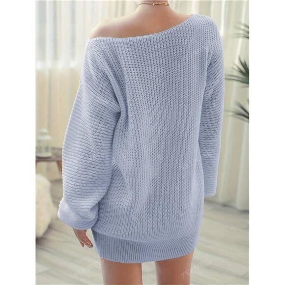 Off Shoulder Solid Color Casual Loose Sweater Dress - Picture 2 of 3